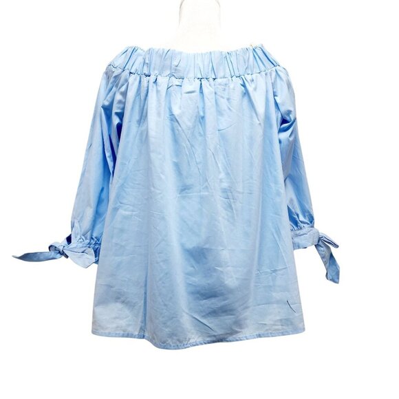 Light Blue Womens Off-Shoulder Blouse With Bow Tie Details & 3/4 Sleeves Size M - Picture 9 of 15